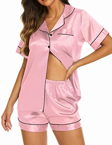 Ekouaer Pyjama Femme Ete Court Ensemble de Pyjama en Satin Vêtements de Nuit à Manches Courtes Bas de Pyjama Rose XL