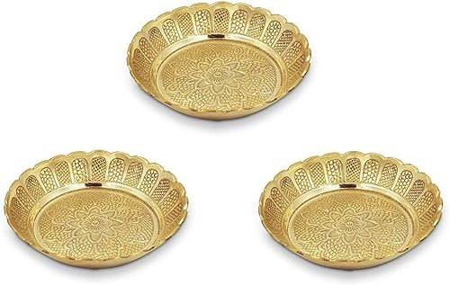 Set of 3 Nakshi Plate, Decorative Brass Indian Prasad Plate Katori for Pooja Pooja Utensils Item Articles for Indian Tradtional Festival Decoration(Size 3 Diameter) Patra (Katori)