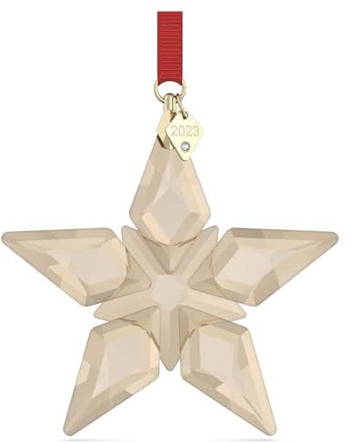 Swarovski Annual Edition Festive Ornament 2023, Weihnachtliches Stern-Ornament aus Goldfarbenem Kristall und einem Roten Ripsband