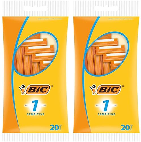 BIC 1 Sensitive Rasierer Herren, 20 Einwegrasierer mit je 1 Klinge, gerillter Kunststoffgriff, ideal für unterwegs (Packung mit 2)
