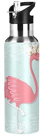 Bouteille isotherme en acier inoxydable avec motif flamants roses sur vert pour garçons et filles - Bouteille isotherme avec paille étanche - 600 ml
