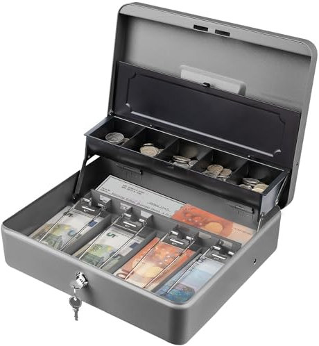 Tera Tiroir Caisse Enregistreuse à Monnaie et Billets Ouverture Manuelle et Automatique, 4 Compartiments de Billets et 5 de Pièces,30 x 24 cm, POS Restaurant Supermarché, KL380-SL