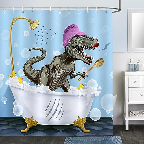 Bonhause Rideau de Douche Drôle de Dinosaure - Rideau de Bain Tissu Polyester Anti Moisissure Imperméable Lavable - Salle de Bain 180 x 180 cm avec 12 Crochets pour Baignoire