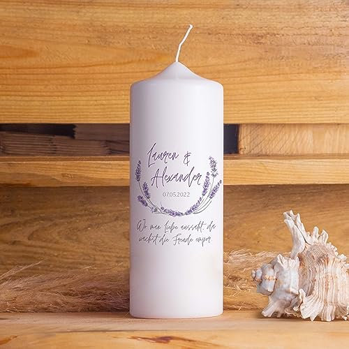 Hochzeitskerze | Lavendel | 15-30 cm Höhe | Traukerze | Personalisierte Kerze (Größe: 30 cm, Kerzenfuß: Ohne Strick/Dip)