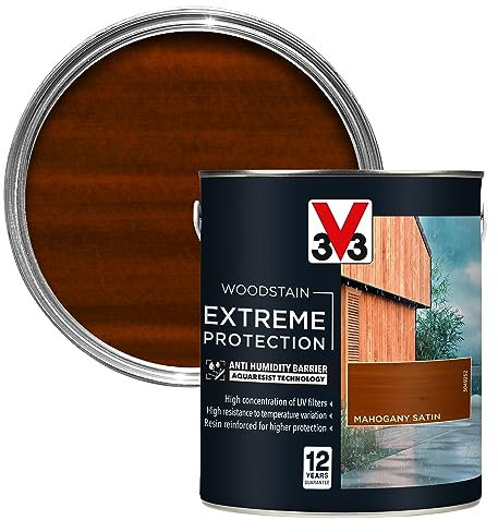 V33 Extreme Protection Woodstain - 12-Year Guarantee - Extreme Weather Protection - Anti-Humidity Barrier - Only 2 Coats - Mahogany 2.5 litres