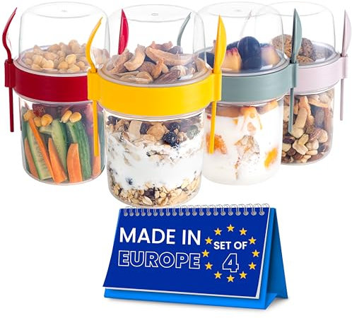 spar-home Müslibecher To Go – 4er Set Joghurtbecher To Go mit Löffel und Gabel Müsli To Go Becher 600 ml für Yoghurt Müsli Essen im Unterwegs Büro Schule (4er-Bunt)