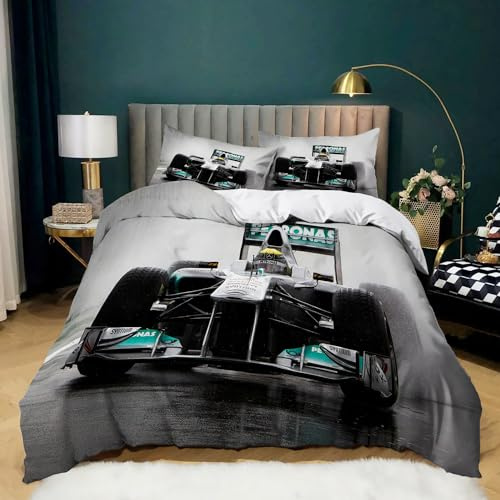 WHUOEUCO Bettwäsche Kinder Formel-Rennmuster 155x220 cm Bettbezug, Weiche Mikrofaser Bettwäsche-Sets, Bettbezüge und 2 Kissenbezug 80x80 cm mit Reißverschluss