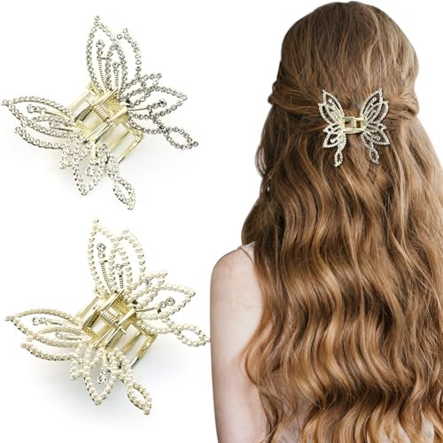 Mezrkuwr 2 Stück Schmetterlings-Haarklammern, Metall, kleine Schmetterlings-Haarklammern mit Strass-Perle, rutschfeste Klammern, Styling-Zubehör für Frauen