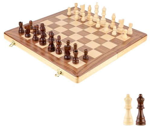 15 Inch Wooden Chess Game Set Classic Folding Board Games with Felted Game Board Interior for Storage 2 Extra Queens Pieces Storage Slots