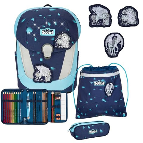 SCOUT Schulranzen LED Sunny II Set 5-teilig Pegasus dunkelblau