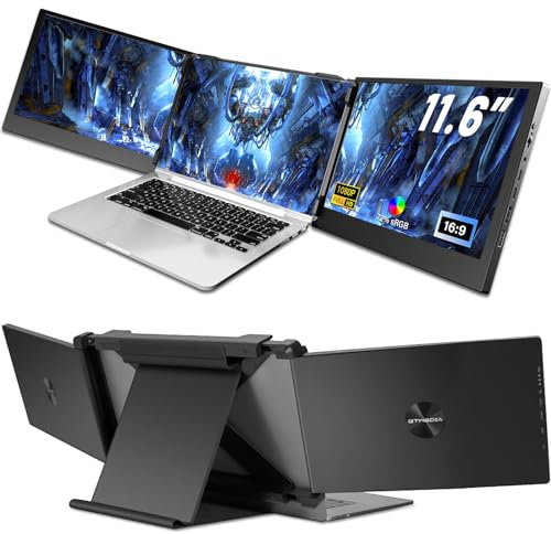 GTMEDIA 11.6'' laptop screen extender,1080P FHD laptop monitor extender, built-in dual speaker triple monitor, Type-C/USB/HDMI plug and play portable monitor for Laptop Phone etc.