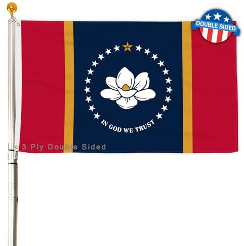 3-lagige Mississippi-Staatsflagge, 60 x 90 cm, 150D Polyester, doppelseitig, strapazierfähig, lebendige Farben mit strapazierfähigem Segeltuchkopf und 2 Messingösen