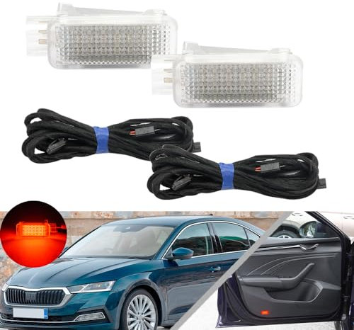 NSLUMO 2 Stück rote LED-Tür-Innenbeleuchtung für Sko.da Karoq I Kodiaq II Octavia IV Seitentür-Warnleuchte Tür-Eingangsleuchte Tür-Projektor-Lichter