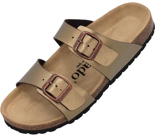 Palado Pantoletten Damen Samos - elegante Sandalen Made in Spain - bequeme Hausschuhe mit dämpfendem Kork-Fußbett - modische Sommerschuhe Metallic Bronze UK3,5 - EU36