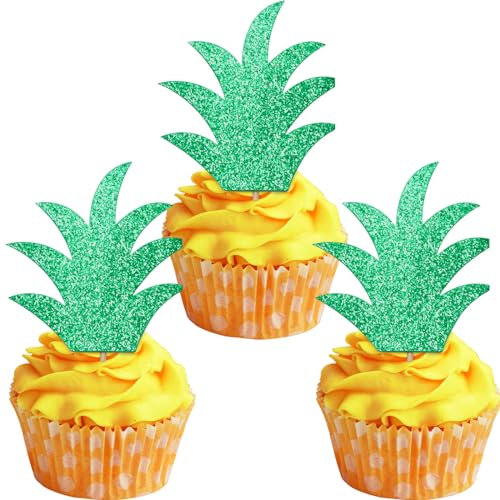 BETESSIN 24er-Pack Ananasblatt Cupcake Topper - Glitzernde Grüne Ananas Deko - Tropische Muffin Topper für Hawaii, Aloha, Luau, Sommer- und Poolpartys, Ananas-Themenfeste und mehr