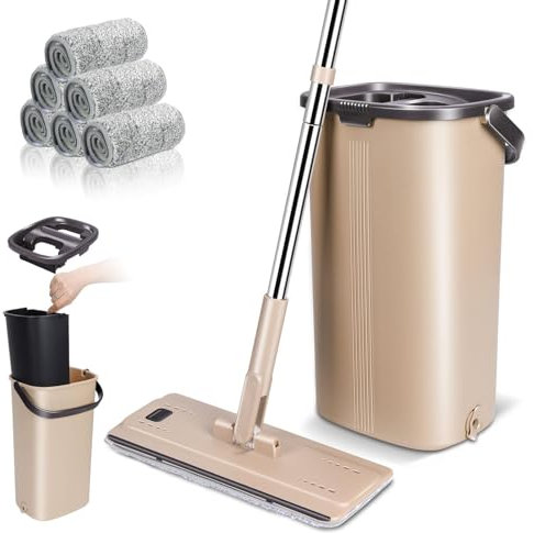 Myiosus Mop and Buckets Sets, Flat Mop Bucket with 6 Washable Microfiber Pads and 134 cm Stainless Steel Handle, Wet Dry Mops for Cleaning Floors with Bucket for Hardwood Laminate Tile Marble