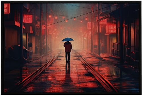 OM3® Coole Fußmatte mit Cyberpunk Motiv - Japan Tokyo Rainy Day City Urban Anime - rutschfest & waschbar - 60x40cm -