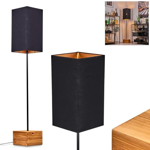 Stehleuchte Geneva, moderne Stehlampe aus Holz/Metall/Stoff in Natur/Schwarz/Goldfarben, Leuchte im skandinavischen Design mit Stoffschirm und Fußschalter, Höhe 150 cm, E27, ohne Leuchtmittel
