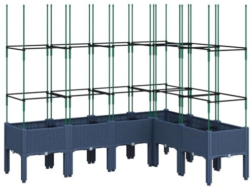 vidaXL Pflanzkübel mit Rankgitter, Blumenkübel mit Rattan-Optik, Blumenkasten für Terrasse Garten, Gartenspalier Pflanzkasten, Blaugrau PP