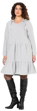 Ulla Popken Damen Sweatkleid, Kapuze, A-Linie, V-Ausschnitt, Langarm Kleid, Hellgrau Mélange, 58-60 EU