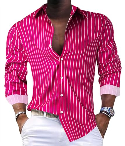 nicticsi Chemises Boutonnées pour Hommes Chemise à Rayures à la Mode Décontractées Shirts à Manches Longues Chemise à Revers Classique Confortable et Respirant Vacances-Chemise