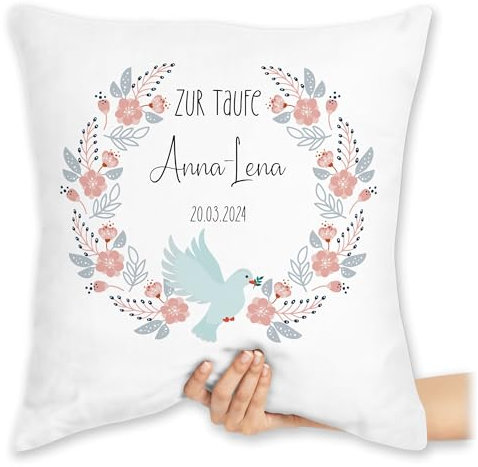 Kissen 40x40 Zierkissen - Zur Taufe mit Name und Taube | Taufgeschenke für Patenkind | Taufe Geschenk | Gastgeschenk Taufe | Taufgeschenke von Großeltern - 40 x 40 cm - Weiß - taufkissen