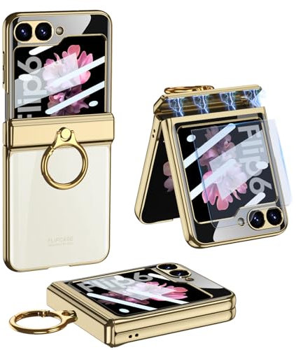 Furwabo Coque Transparente pour Samsung Galaxy Z Flip 6 avec Protection à Charnière Magnétique et Béquille Anneau et Protection D'écran Externe, Antichoc de Luxe Coque pour Samsung Z Flip 6 (Or)