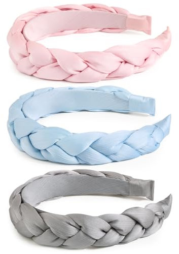 BOOMTOP 3 Stück Haarreif Dirndl Geflochten Trachten Haarschmuck Breit Stirnband Vintage Gepolsterte Haarreifen Einfarbig Haarband Mode Kopfschmuck für Damen und Mädchen Hellblau Rosa Grau