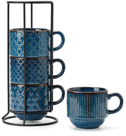 JH JIEMEI HOME Large Ceramic Coffee Mug Set of 4 with Stand, 15 Oz Stackable Different Embossment Ribbed Latte Cup Set for Cappuccino, Tea, Hot Cocoa, Drinks - Dishwasher & Microwave Safe, Blue