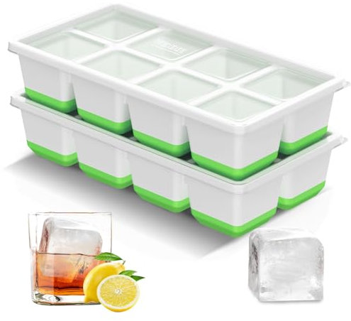 VEHHE Eiswürfelform, 2er-Pack Eiswürfelform Silikon mit Deckel, 4,5cm Ice Cube Tray für Groß Eiswürfel, BPA-frei Eiswürfelbehälter, Ideal für Whisky, Cocktails & Mehr(Grün)