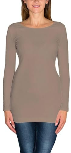 Alkato Damen Langarm Longshirt Langarmshirt Tunika Basic Shirt, Farbe: Beige Latte, Größe: S