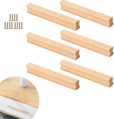 ACTIUSIS 6 Stück Möbelgriffe Holz, Schrankgriffe Holz mit Schrauben, Lochabstand 160 mm, für Schränke, Bäder, Büros und Küchen