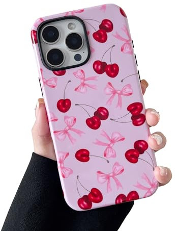 DEFBSC Case for iPhone 16 Pro, Cute Pink Bow Cherry Print Aesthetic Trendy Pattern for Women Girls Slim Durable Bumper Shockproof Hybrid Hard Back Phone Cover, Big Ribbon/Glossy