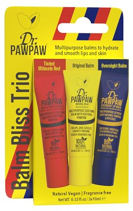 Dr.PAWPAW Balm Bliss Trio 3 x 10ml, Multi Purpose Natural Pawpaw Balms Gift Set, Vegan Hydrating Care for Lips Skin Hair Cuticles and Nails, Fragrance Free