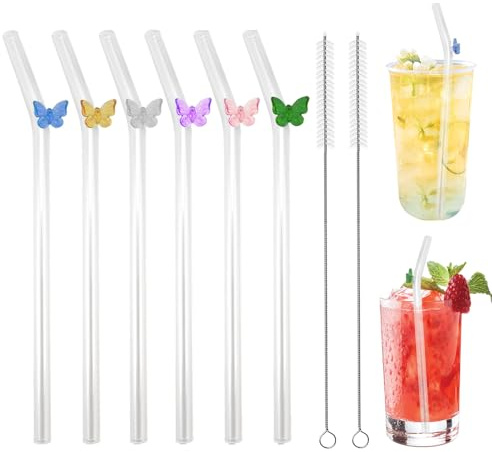 6 Stück Strohhalme Glas Wiederverwendbar mit Reinigungsbürsten, Glass Straws With Charms Schmetterling Bruchfestes Trinkhalme Glas Gebogen Strohhalme für Smoothies, Tee, Saft, Kaffee, Milchshakes