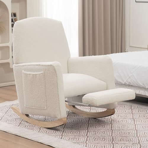 SUKY Schaukelstuhl mit Hocker, Teddy-Stoff, Relaxsessel mit Ottomane, Schaukelstuhl für den Innenbereich mit hoher Rückenlehne für das Wohnzimmer (Weiß)