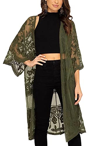 Women Mesh Lace Kimonos Swim Cover Up Summer Bikini Beach Coverup Boho Back Cutout Sheer Kimono Cardigan