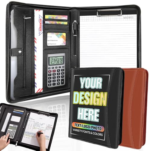 Porte-documents personnalisé en cuir pour homme et femme, classeur personnalisé avec logo/texte/photo, folio professionnel avec fermeture éclair pour entretien, CV - Noir