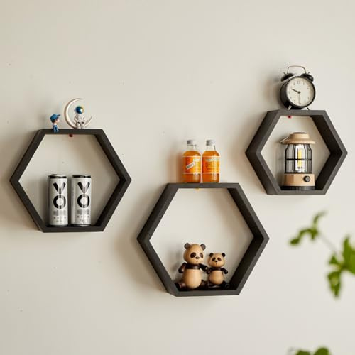 CHZIMADE Schwebendes Sechseck-Regal Wandregal aus 3er Set Hängeregal Modern Wanddeko Wandlagerregal Regale für Wohnzimmer Schlafzimmer Küche
