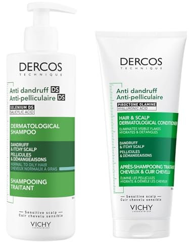 Vichy Dercos Duo Pack – Anti-Schuppen Shampoo für normales bis fettiges Haar 390 ml + Kopfhaut-Conditioner 200 ml – reinigende Pflege – dermatologisch getestet