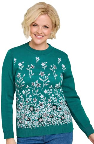 Amber Ladies Floral Jacquard Jumper, Soft Knit Long Sleeve Pullover Jade