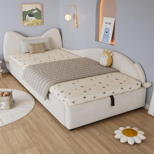 Einzelbett Polsterbett 90x200cm, Kinderbett mit Niedliches Katzen Design, Hydraulisches Bett mit Stauraum und Gurtgriffen, Stabile Lattenroste,Rechte Seitenplatte,Samt,Beige,