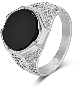 TIEHOKTW Edelstahl Ring Herren mit Gravur, Eheringe 15MM Silber Siegelring Schwarzer Achat Verlobungsring Freundschaftsringe Modeschmuck für Männer Gr. 62 (19.7)