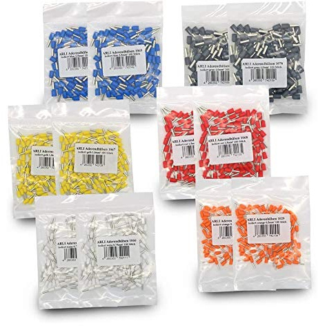 Aderendhülsen isoliert Set 1200x Aderendhülse 200x Orange, 200x Weiss, 200x Gelb, 200x Rot, 200x Blau, 200x Grau 0,5-4 mm² crimpen Crimpzange Press Stecker Hülse kfz Draht Elektro Kabelschuhe ARLI