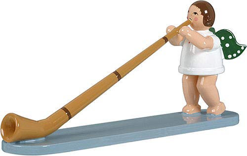 KDE Ellmann Engel mit Alphorn - 6,5 cm - grüne Flügel - Weihnachtsengel Erzgebirge