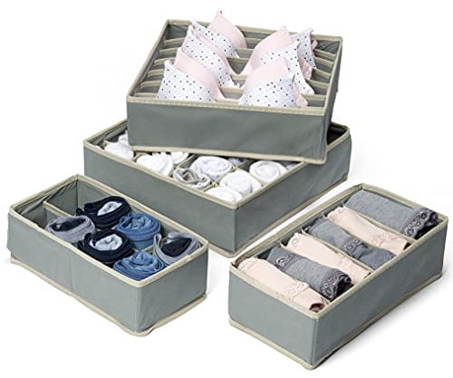 MATANA - Set of 4 Fabric Storage Organiser Foldable Boxes for Bra, Socks, Underwear, Ties, Newborn Clothes - Multi-sizes, 45 Compartments