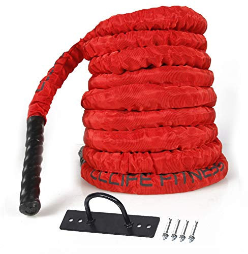 CCLIFE Battle Ropes Schlachtseil 9m 12m 15m Ø38mm Fitnesse Sport Tau Trainingsseil Fitnessseil Sportseil Battle Rope für Fitnessstudio Muskelaufbau, Größe:9m mit roter Schutzhülle und Halterung