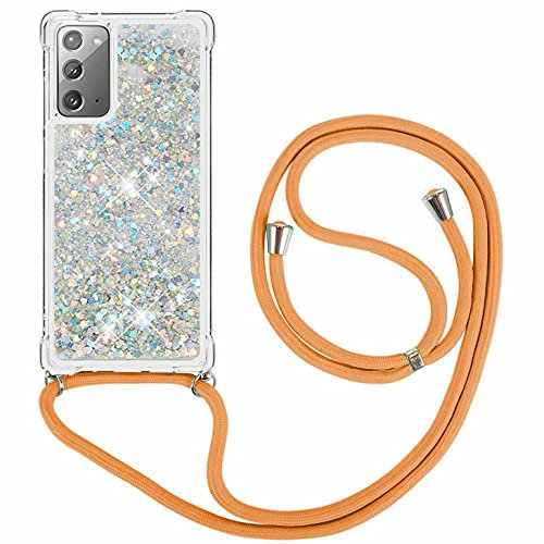 FMPCUON Coque Samsung Galaxy Note 20 Glitter Liquide Collier pour Téléphone Portable avec Cordon - Lanyard Paillettes Flowing Sand Silicone Gel TPU Housse avec Smartphone Collier Étui, Argent