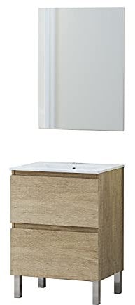 Baikal Conjunto Mueble de Baño con Lavabo y Espejo, con Patas, en Varios Acabados, Melamina 16. Puerta + Cajón 60 cm Nature