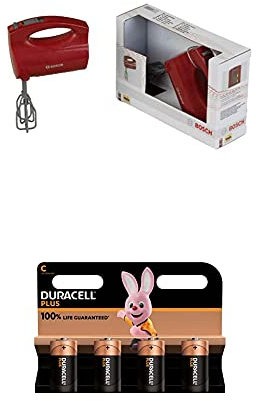 Theo Klein 9574 Bosch Handmixer I Batteriebetriebene Mixer mit Sich drehenden Quirls I Spielzeug für Kinder ab 3 Jahren, Mehrfarbig + Duracell Plus C Alkaline-Batterien, 4er Pack